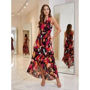 Julia Jordan Dress 2 NWOT Black Floral High Low Halter Lined Ruffle Hem Maxi